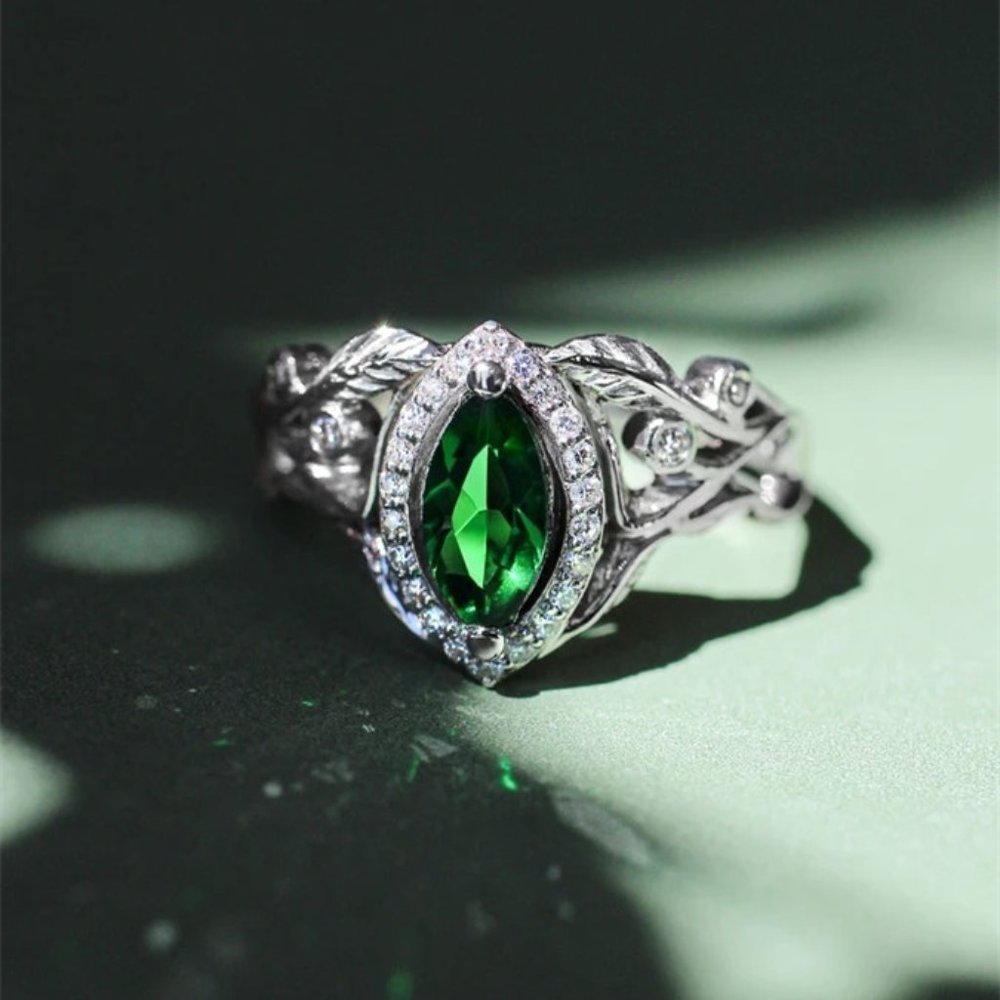 💞Emerald Marquis Gem Leaf Weave Silver Noble Rings for Women, MARR9098 - Picture 3 of 8